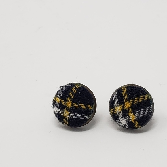New Handmade | Yellow Navy White Plaid Upcycled Plaid Button Stud Earrings - Picture 1 of 3